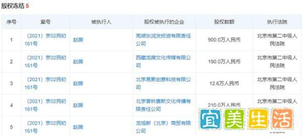 赵薇名下企业多个股权被法院冻结