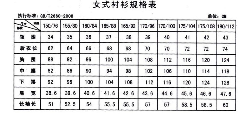 女式衬衣号码39号的具体尺寸是多大？