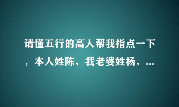 请懂五行的高人帮我指点一下，本人姓陈，我老婆姓杨，我的儿子2012年8月3日中午十二点四十分出生，请问...
