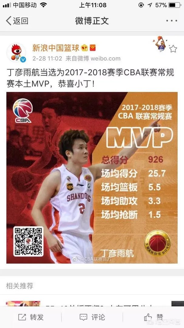 丁彦雨航蝉联CBA常规赛MVP!怎么评价小丁这赛季的表现?