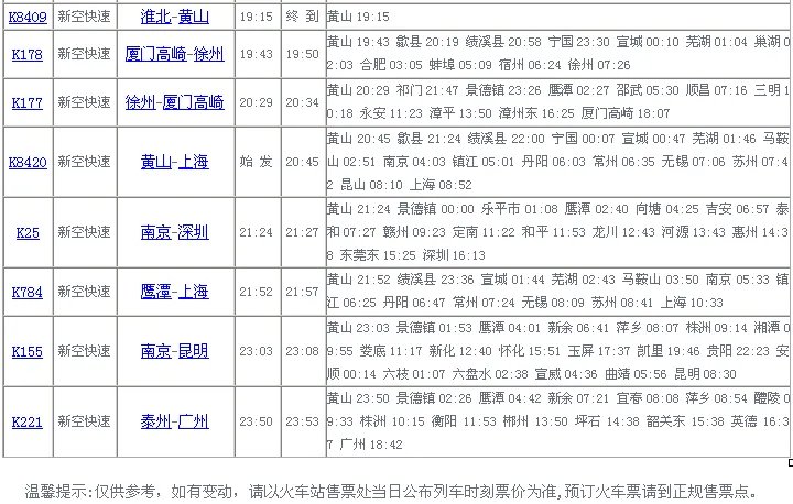 黄山站的列车时刻表